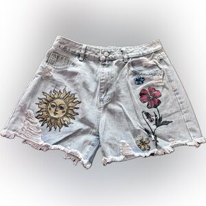 Blue Jean Shorts with Distressed Hem and Sun/Flower transfer detail